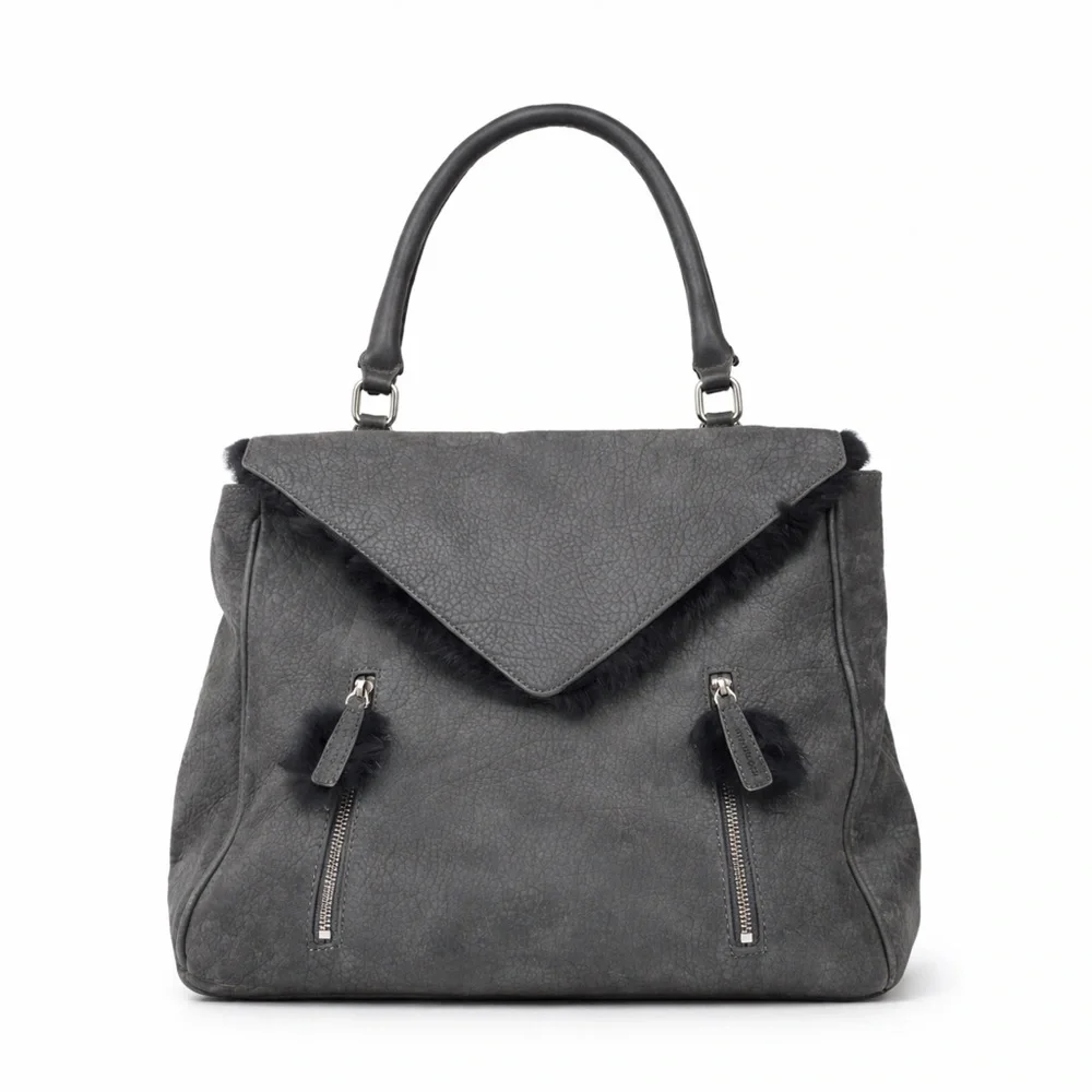 Romy Gold Gray Pebbled Leather Satchel Bag with Fur Trim
